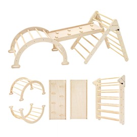 Pillowhale Pikler Triangle Set, Climbing Toy Indoor Playground Set, 7in1 Foldable Climbing Set, Wooden Baby Climbing Gym Toys with Ramp,Rocker and Arch Climber for Kids Boys Girls