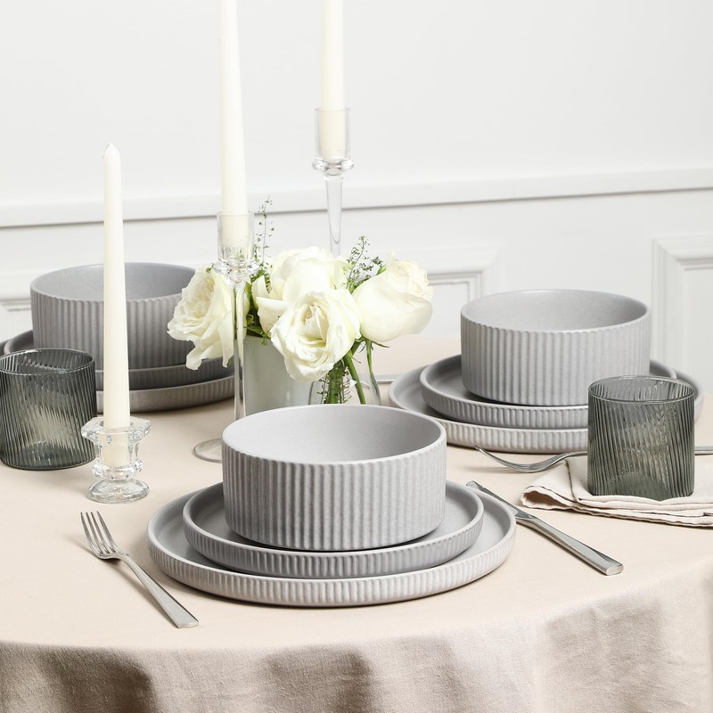 Stone Lain Haven Stoneware 12-Piece Dinnerware Set, Grey - Plates