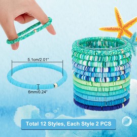 PH PandaHall 24pcs Stackable Preppy Bracelets, 12 Styles 6mm Heishi Surfer Bracelets Polymer Clay Bead Bracelets Stretch Bracelets Stackable Elastic Bohemia Bracelets for Summer Beach, Green and Blue