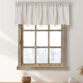 Cortinas bohemias de cocina con borlas para ventanas modernas de granja de algodón y lino para decoración rústica de campo, baño pequeño, decoración bohemia (55 x 15 pulgadas, natural)