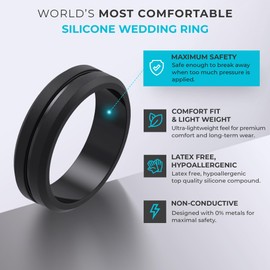 ThunderFit Silicone Wedding Rings for Men, Brushed Top Middle Engraved Line Rubber Engagement Bands 8.2mm Wide 2.5mm Thick - 1/4/6/7 Variety Multipack (Pack N - Size 6.5-7 (17.35mm))