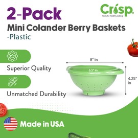 Crisp 2 Pack Mini Colander Berry Baskets - Plastic, Durable Kitchenware, Dishwasher Safe - Made in the USA - Bright Green