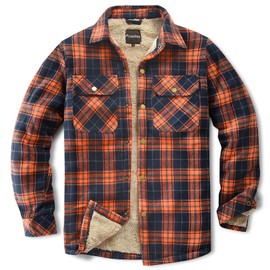 Puwasa Men's Sherpa Lined Cotton Flannel Shirt Jacket Plaid Button Up Jacket Coat for Men with Pocket Orange Large