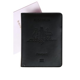 Leather Travel Wallet and Passport Holder - Handstitched Full Grain Leather Passport Wallet & Travel Accessories, Modern Bi-fold Luggage & Travel Essentials Organiser (Australia Logo Black)