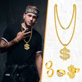 Dreamtop 8Pcs Hip Hop Costume kit 80s 90s Hip Hop Fancy Dress Rapper Fancy Dress Accessories with Disco Gold Dollar Sign Necklace Bracelet Rings Earrings Sunglasses for Women Men Hippie