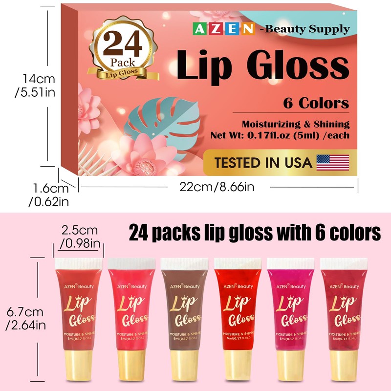 AZEN 24 Pack Lip Gloss Set, Color Lip Oil for