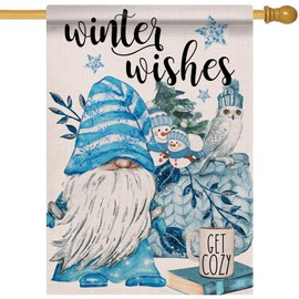Covido Home Decorative Winter Wishes Gnome House Flag, Garden Yard Owl Snowman Coffee Book Stars Pine Trees Outside Blue Decoration, Christmas Holiday Outdoor Large Burlap Decor Double Sided 28 x 40