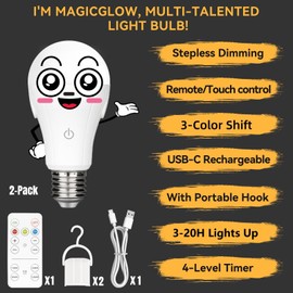 Neporal MagicGlow USB Rechargeable Light Bulbs, 3-Color Shift + 10%-100% Dimmable, Remote+Touch Control, 1800mAh Large Battery 3-20-Hour Lights Up,15W A19 E26/E27 Battery Operated Light Bulb, 2-Pack
