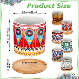 Zopeal 6 Pcs 3 Inch Succulent Pots Succulent Planters Cylinder Ceramic Pots Mandala Multicolor Cactus Pot with Drainage Holes and Bamboo Trays for Indoor Plants Flowers Garden Decoration (Core)