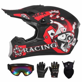 SPARK DOT Youth Motocross Helmet Kids Dirt Bike Helmets - Full Face, Lightweight & Breathable for Off-Road E-Bike BMX MX ATV (with Gloves Goggles Mask) 4Pcs Set, Medium (57-58cm),Joker Black