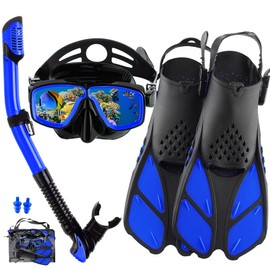DiVLMT Snorkeling Gear for Adults with Fins Scuba Diving Gear Adult Prodessional Travel Snorkel Sets with Flippers,Anti-Fog Anti-Leak Diving Mask (Blue Black, US Men 4-8.5 | US Lady 6-9.5)