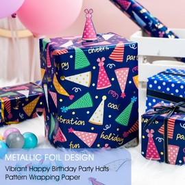 Birthday Wrapping Paper Roll - 17 Inch X 33 Feet - Reversible Metallic Foil Navy Blue Party Hat Theme Boy Gift Wrap Paper Blue Polka Dot Men Present Sheet for Kid Birthday, Party, Holiday, Celebration