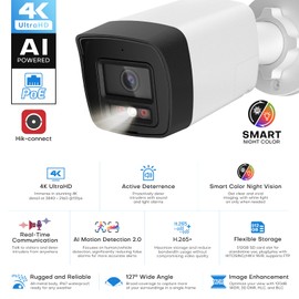 HITOSINO 4K Outdoor Bullet PoE Camera - 8MP Active Deterrent IP Camera, Smart Color Night (98ft), 2-Way Audio, Human/Vehicle Detection, Full Metal IP67, 127° Wide Angle, 120dB WDR, Hik-Connect/SADP