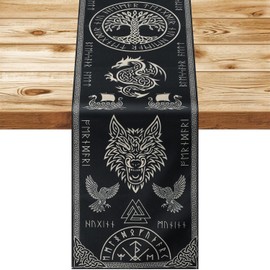 Viking Table Runner, 13.38x72.44 Inch Linen Black Medieval Tablecloth Norse Mythology Decor with Tree of Life & Raven Design Seasonal Kitchen Dining Decoration for Home Party