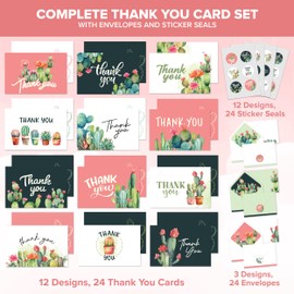 Decorably 24 Pack 6x4in Cactus Thank You Cards with Envelopes and Stickers, 12 Charming Designs Succulent Card, Blank Inside - Kid's Party, Birthday