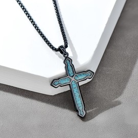 KoyeKei Black Religious Cross Necklace for Men 925 Sterling Silver Turquoise Cross Pendant Necklaces Christian Jewelry Crucifix Easter Confirmation Baptism Gifts for Women Boyfriend