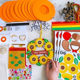 Winlyn 12 Sets Thanksgiving Wreath Signs Decorations Art Sets DIY Fall Thanksgiving Craft Kits Foam Sunflowers Maple Leaves Pumpkin Harvest Stickers for Kids Autumn Classroom Activities Party Favors