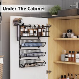Wall-Mounted Hair Dryer Holder Styling Tool Organizer 4-Shelf Storage Wire Basket with Hook Heat Safe Rack for Hair-Straighteners,Curling Wands,Flat Iron,Perfume,Cabinet Door Bathroom Kitchen