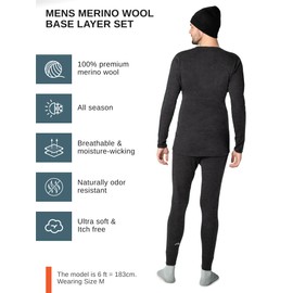 Merino.tech Merino Wool Base Layer Mens Set - Midweight, Heavyweight, Lite Merino Wool Thermal Underwear For Men Top, Bottom (Large, Charcoal Grey Dark)
