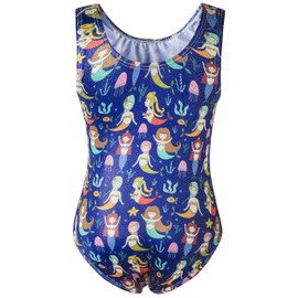 DANSHOW - Maillots para niñas, gimnasia, danza, ballet, sin mangas brillantes de una pieza, Tanque-sirena azul oscuro, M(5-6years)
