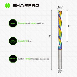 Sharpro 1/4 Downcut Router Bit 1/4 Shank, Spiral CNC Router Bits with Coating, Down Cut Carbide End Mills for Woodcraft, Engraving, Mortising, Acrylic and Aluminum,2" CL,4" OVL