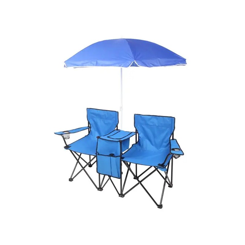 Portable Outdoor Blue 2-Seater Folding Chair with Removable Sun UmbrellaColor: