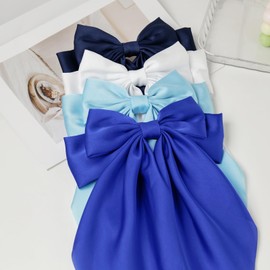 JGQUR Women’s Long Tail Satin Hair Barrettes 4PCS - Navy Royal Blue Sky Blue White - Bows Hair Accessories for Travel, School and Events