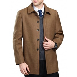 FASHINTY Men's Classical Bussiness Style Single Breasted Plaid Wool Coat #00220 Camel S