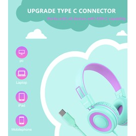 Bywulanda Upgrade USB Type C Kids Headphone for School, 94dB Safe Volume Limited, HD Stereo Sound, Foldable Lightweight On-Ear Headphones for Boys/Girls/Students/Tablet/Travel(Mint Green)