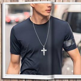 JUNOVUROS Stainless Steel Jesus Christ Cross Pendant Necklace for Men, 20 to 28 In Rolo/Byzantine Chain, 2 Sizes of Religious Jewelry with Silver/Gold/Black