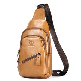 LUKZIJAES Genuine Leather Sling Bag for Men Crossbody Shoulder Chest Pack Hiking Casual Daypack Outdoor Travel Backpack (#3-Yellow Brown)