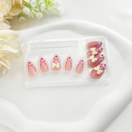 Medium Press on Nails Almond Fake Nails with White French Tip Red Hearts Designs 3D BOW Glue on Nails Press ons Nude False Nails Glossy Artificial Stick on Nails for Women 24 Pcs