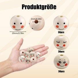 Pack of 90 Wooden Balls with Hole, Wooden Beads with Face, Wooden Ball with Face, 20 mm Natural Wooden Beads for DIY Creative Projects, Jewellery Making and Home Decor