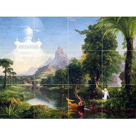 Landscape Palm Trees Mountain River Boat Fantastic by Thomas Cole Tile Mural Kitchen Bathroom Wall Backsplash Behind Stove Range Sink Splashback 4x3 4.25" Ceramic, Glossy