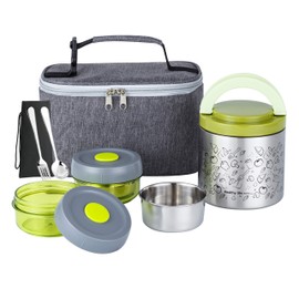 Lille Home Portable Insulated Lunch Box Set with Stainless Steel Cutlery, vacuum lunch box, to Keep Food Warm or Cool, Two Containers for Fruits and Sauces, Durable and Leak-Proof