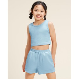 Stelle 2 Piece Outfits for Girls Cute Sleeveless Summer Short Sets Athletic Notched Neck Tank Top and Shorts with Pockets Ribbed Matching Clothing Sets (Steel Blue,L)