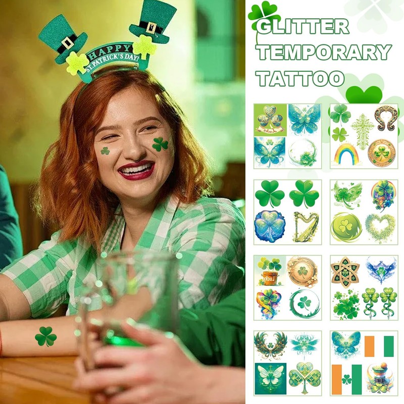 VERKSTAD 24 Sheets St. Patrick's Day Temporary Tattoos, Glitter Shamrock