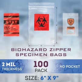 APQ Biohazard Specimen Bags, 6 x 9 Inch. Pack of 100 Clear Zipper Specimen Bags. 2 Wall Polyethylene Specimen Bag. 2 Mils Specimen Biohazard Bag. Biohazard Transport Bag. Biohazard Plastic Bags