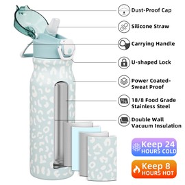 BJPKPK Water Bottle with Straw 25oz Insulated Water Bottles Reusable Stainless Steel Metal Thermal Flask with Leak Proof Lockable Lid and Carry Handle,Light Blue Leopard