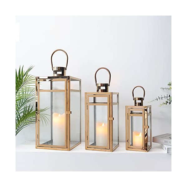 TRIROCKS Set of 3 Stainless Steel Candle Lantern 19'' High Metal Candle Holder with Clear Glass Panels Perfect for Home Decor Living Room Parties Events Tabletop Indoors Outdoors (Rose Gold)