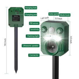 2 Pack Ultrasonic Animal Repellent - Solar Deer Cat Repellent Outdoor Bird Squirrel Deterrent with Motion Activated & Flashing Light to Scare Rat Chipmunk Raccoon Away from Yard Lawn - Waterproof