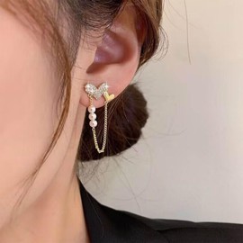 Allereya Vintage Crytsal Heart Stud Earrings Pearl Chain Dangle Earrings Long Chian Tassel Drop Earrings Rhinestone Love Stud Earrings Jewelry for Women and Girls