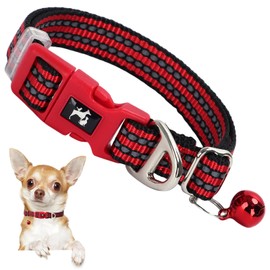 ONEFOJOJO Adjustable Puppy Collar with Bell - Reflective Nylon Dog Collar for Small Breeds, Chihuahua Pomeranian, Nighttime Safety, Gift for Dog Lovers (Red, XS)