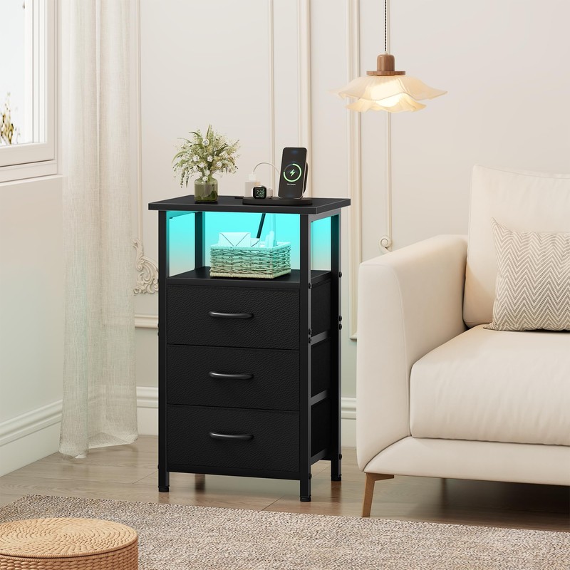 Vagusicc Night Stand Set 2 with Charging Station, LED Nightstand