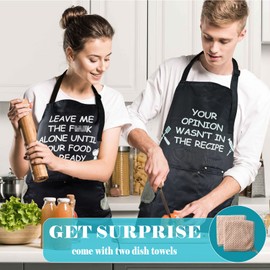 2 Pack Aprons for Women Men with 3 Pockets, Adjustable Waterproof Kitchen Bib Apron with 2 Towels for Chef Servers Grilling Cooking Baking, Plus Size Black Funny Aprons for BBQ Painting Gardening