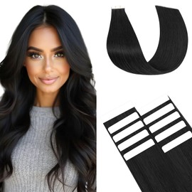 TESS Hair Extensions Tape In Real Human Hair Invisible Thin Type 10 Pcs 15G Lightweight For Highlight Straight Long - #01 Jet Black - 20 Inch