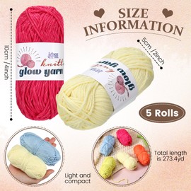 5 Rolls Glow in The Dark Yarn Luminous Crochet Yarn for Crocheting DIY Knitting Glow Fingering Weight Yarn for Arts Crafts Sewing Thread Party Supplies, 54.7 yd Per Roll (Macaron Colors)