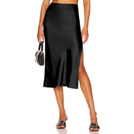 AliChan Satin Silk High Waisted Side Split Midi Skirt Elastic Waistband Elegant Work Skirt for Women, Black-M