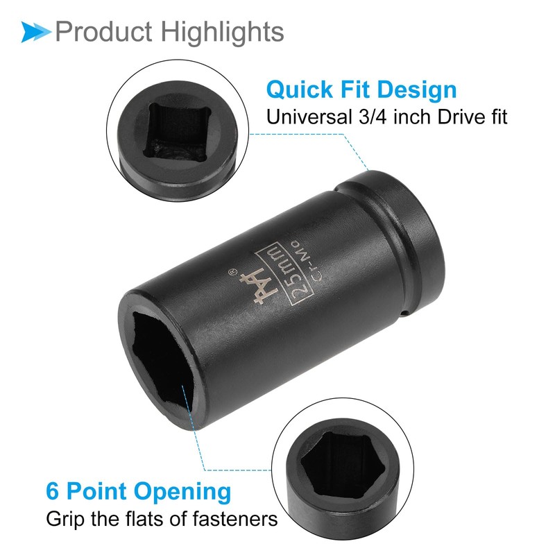 CoCud 6-Point Deep Impact Socket, 3/4-Inch Drive 25mm Socket, Cr-Mo