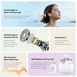 Nisheng 2025 Wireless Earbuds - Low Latency, Long Battery Life, Sound Isolation, with Mic for Gaming, Sports, and Music, Gaming Headset | Type-C Charging, Headphones for Boyfriend/Girlfriend (White)